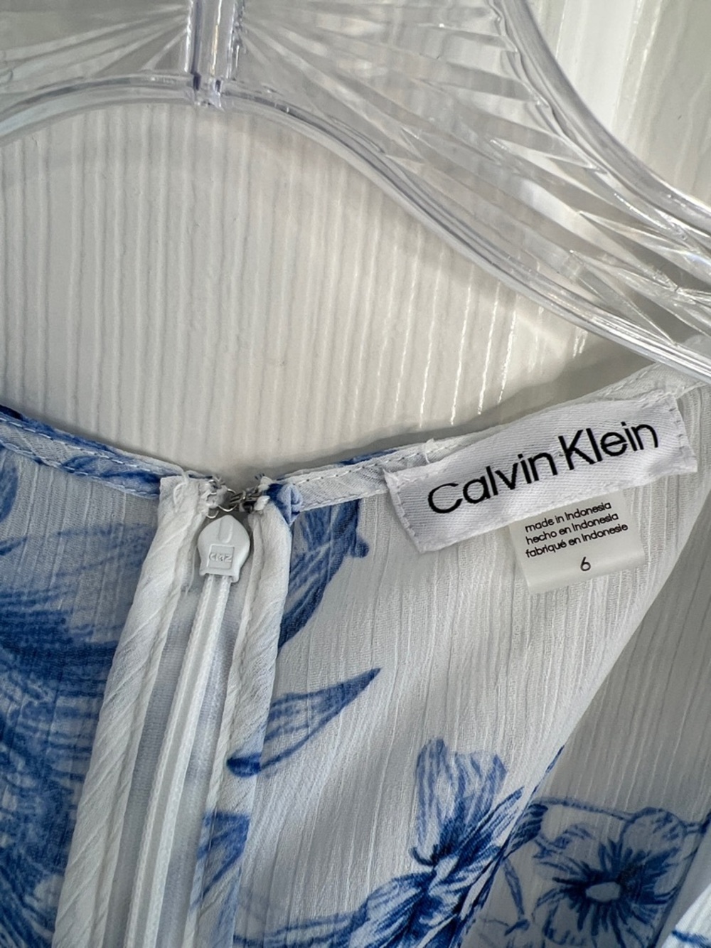 Calvin Klein Blue White Floral Midi Chiffon Dress with Pleated Skirt size 6 - Picture 7 of 14